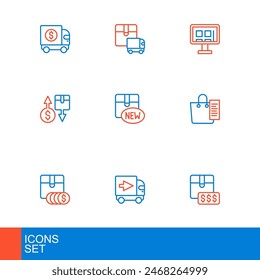 Set line Item price tag with dollar, Delivery cargo truck, Shopping list, Tax cardboard box, New collection, Online shopping screen and  icon. Vector