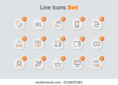 Set line Item price tag with dollar, Buy button, Shopping basket, Dollar symbol, Stars rating, Discount percent, Wallet and Delivery cargo truck icon. Vector