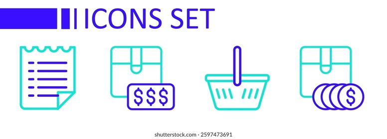 Set line Item price tag with dollar, Shopping basket,  and Wish list template icon. Vector