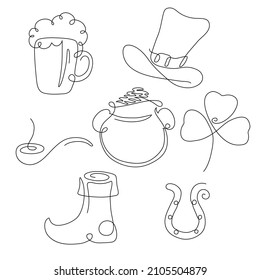 A set of line items for St. Patrick's Day. Symbols of the holiday - Irish hat, ale, horseshoe, pot of gold, clover. Line art is isolated on a white background. Vector graphics