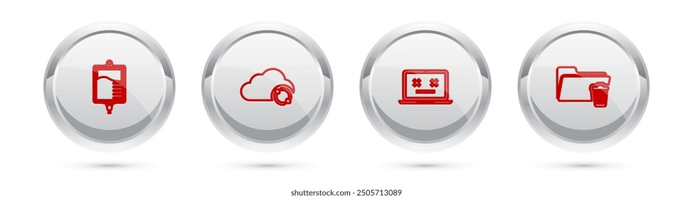 Set línea IV, actualización de sincronización en la nube, portátil muerto y carpeta de Borrar. Botón de círculo plateado. Vector