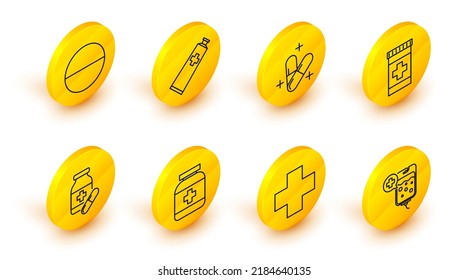 Fijar la bolsa de la línea IV, Medicina cruzada, Frasco de Medicina, y pastillas, o tablet, Medicina de tubo de crema de pomada e icono. Vector