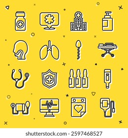 Set line IV bag, Digital thermometer, Stretcher, Medical hospital building, Lungs, Sore throat, Medicine bottle and pills and Sperm icon. Vector