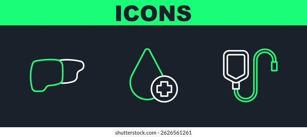 Set line IV bag, Human organ liver and Donate drop blood icon. Vector