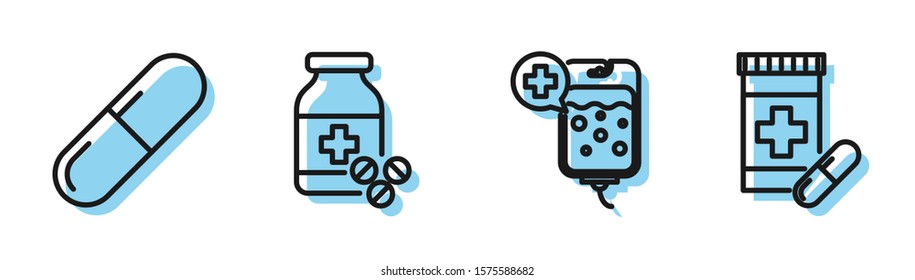 Set line IV bag, Medicine pill or tablet, Medicine bottle and pills and Medicine bottle and pills icon. Vector