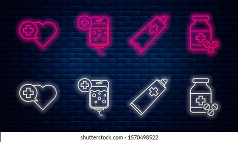 Set line IV bag, Ointment cream tube medicine, Heart with a cross and Medicine bottle and pills. Glowing neon icon on brick wall. Vector
