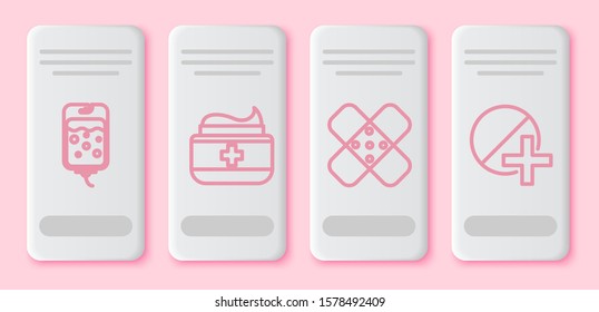 Set line IV bag, Ointment cream tube medicine, Crossed bandage plaster and Medicine pill or tablet. White rectangle button. Vector