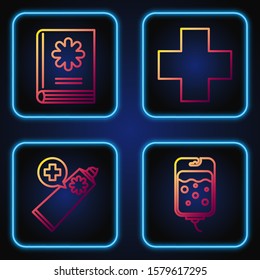 Set line IV bag, Ointment cream tube medicine, Medical book and Cross hospital medical. Gradient color icons. Vector
