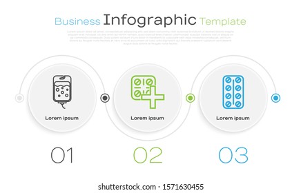 Set line IV bag, Pills in blister pack and Pills in blister pack. Business infographic template. Vector