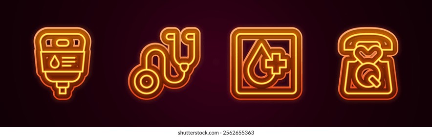 Set line IV bag, Stethoscope, Blood test and Emergency call 911. Glowing neon icon. Vector