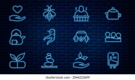 Set line IV bag, Vacuum cans, Sauna and spa procedures, Ginger root, Teapot with cup, Heart hand, Headphones for meditation and Bee icon. Vector