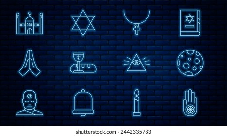 Set line Jainism or Jain Dharma, Moon, Christian cross chain, First communion symbols, Hands praying position, Muslim Mosque, Masons and Star of David icon. Vector