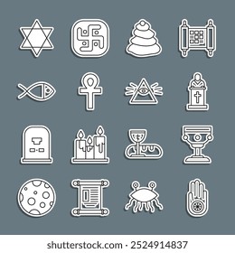 Set line Jainism or Jain Dharma, Christian chalice, Church pastor preaching, Stack hot stones, Cross ankh, fish, Star of David and Masons icon. Vector