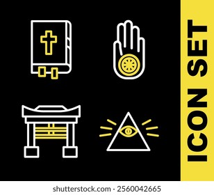 Set line Jainism or Jain Dharma, Masons, Japan Gate and Holy bible book icon. Vector