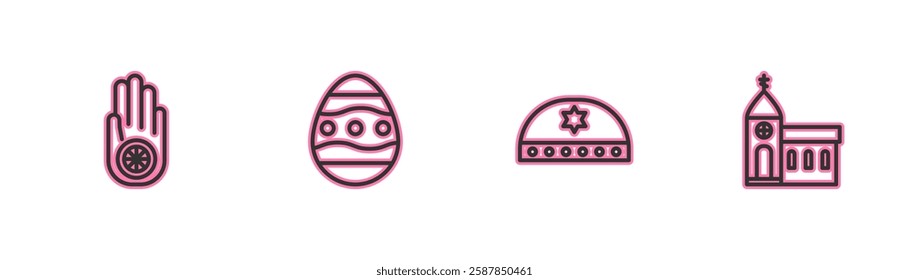 Set line Jainism or Jain Dharma, Jewish kippah with star of david, Easter egg and Church building icon. Vector