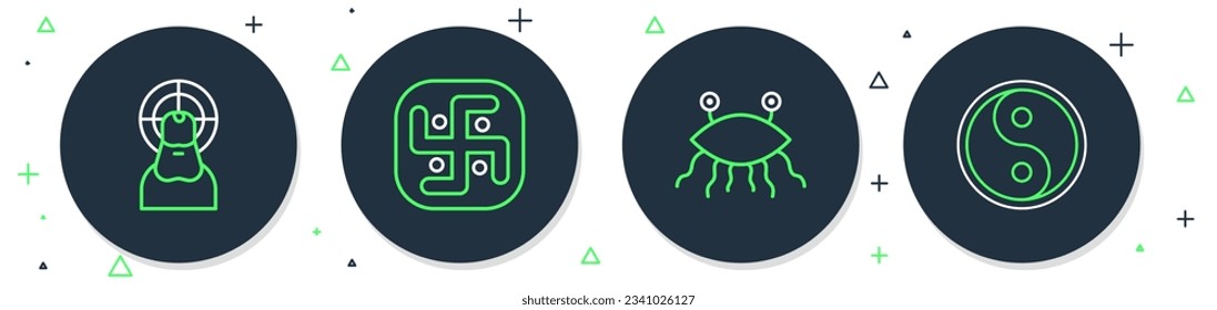 Set line Jainism, Pastafarianism, Jesus Christ and Yin Yang icon. Vector