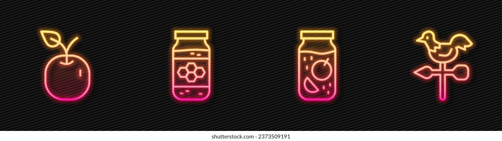 Set line Jam jar, Apple, Jar of honey and Rooster weather vane. Glowing neon icon. Vector