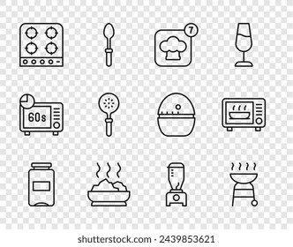 Set line Jam jar, Barbecue grill, Chef hat, Bowl of hot soup, Gas stove, Spatula, Blender and Microwave oven icon. Vector