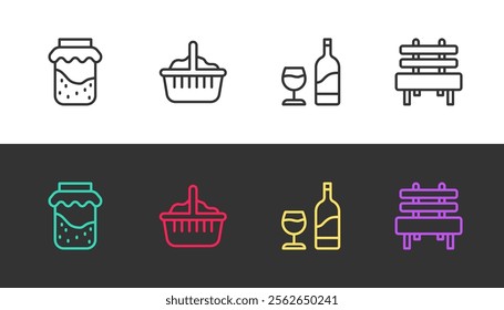 Set line Jam jar, Basket, Wine bottle with glass and Bench on black and white. Vector