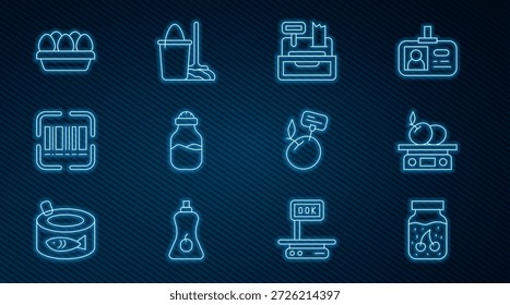 Set-Linie Jam-Glas, Kassenautomat, Gewürzdose, Scanner-Scanner-Strichcode, Hühnerei-Box, Supermarkt Lebensmittel-Produkte mit Preisschild und Mopp und Eimer-Symbol. Vektorgrafik
