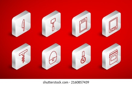 Die Linie Jam Jar, Küchenhammer, Schneidebrett, elektronische Waagen, Pizzakermesser, Messer, Timer und Weinkorkenschraubsymbol. Vektorgrafik