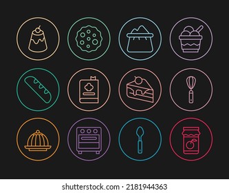 Fijar la línea Jam jar, Kitchen whisk, Bolsa de harina, Cookbook, pan de baguette francés, crema de crema, pastel de pieza e icono de galleta o galleta. Vector