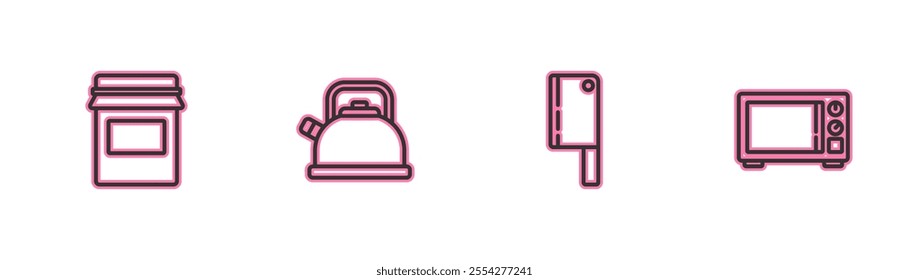 Set line Jam jar, Meat chopper, Kettle with handle and Microwave oven icon. Vector