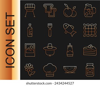 Set line Jam jar, Piece of cake, Checkered napkin, Fruit, Fork, Bottle wine, Barbecue grill and Fish icon. Vector