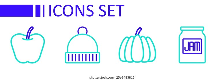 Set line Jam jar, Pumpkin, Winter hat and Apple icon. Vector