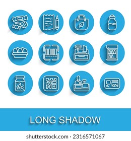 Set line Jam jar, QR code, Candy, Cashier at cash register, Identification badge, Scanner scanning bar, Commercial refrigerator and machine icon. Vector