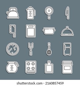 Set line Jam jar, Refrigerator, Covered with tray, Frying pan, Cutting board, Meat chopper, Kettle handle and Cooking pot icon. Vector