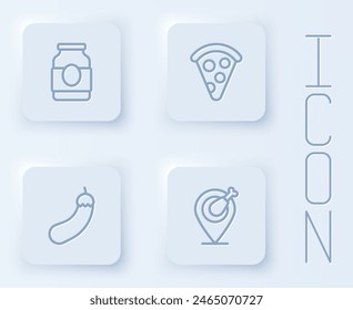 Set line Jam jar, Slice of pizza, Eggplant and Chicken leg. White square button. Vector