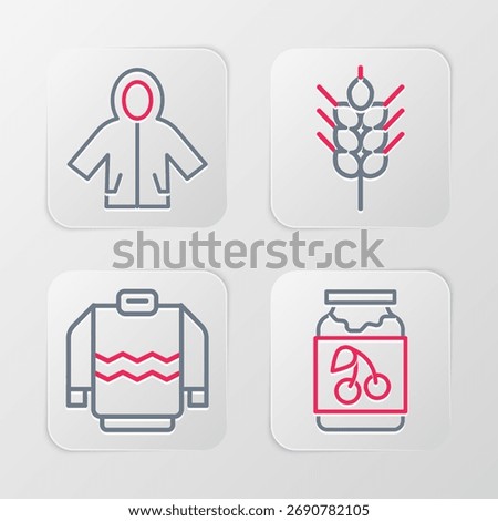 Set line Jam jar, Sweater, Wheat and Raincoat icon. Vector