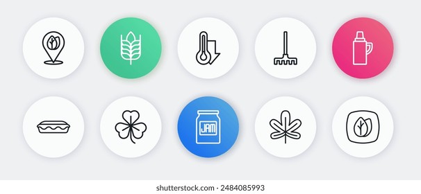 Set line Jam jar, Thermos container, Homemade pie, Chestnut leaf, Garden rake, Thermometer, Leaf and Clover icon. Vector