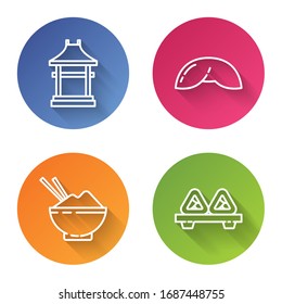 Set line Japan Gate, Chinese fortune cookie, Rice in a bowl with chopstick and Sushi on cutting board. Color circle button. Vector