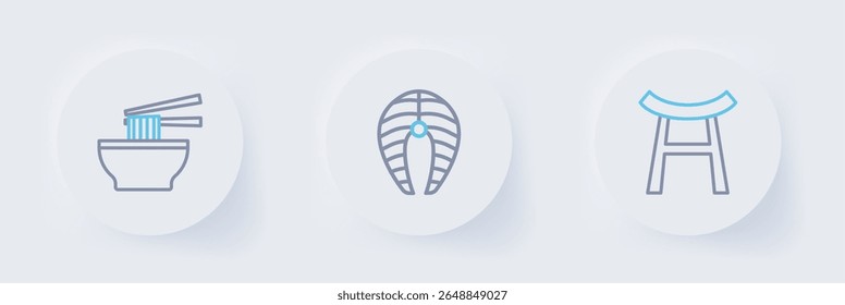 Set line Japan Gate, Fish steak and Asian noodles in bowl icon. Vector