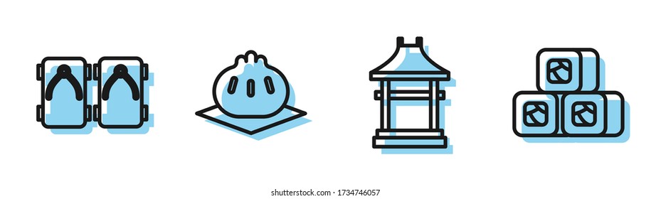 Set Line Japan Gate, Geta traditionelle japanische Schuhe, Khinkali auf Schneide-Board und Sushi Ikone. Vector