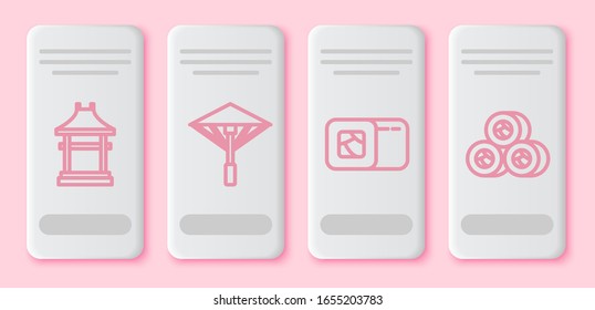 Set line Japan Gate, Japanese umbrella from the sun, Sushi and Sushi. White rectangle button. Vector