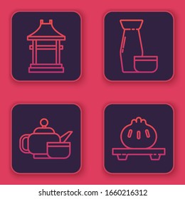Set line Japan Gate, Japanese tea ceremony, Traditional Japanese tea ceremony and Dumpling on cutting board. Blue square button. Vector