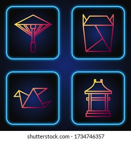 Set line Japan Gate, Origami bird, Japanese umbrella from the sun and Rstaurant opened take out box filled. Gradient color icons. Vector