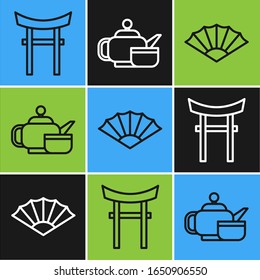 Set line Japan Gate, Paper chinese or japanese folding fan and Japanese tea ceremony icon. Vector