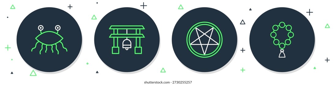 Set line Puerta de Japón, Pentagrama en círculo, Pastafarianismo y Rosario beads icono de la religión. Vector