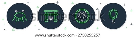 Set line Japan Gate, Pentagram in circle, Pastafarianism and Rosary beads religion icon. Vector