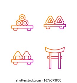 Set line Japan Gate, Sushi on cutting board, Sushi on cutting board and Sushi on cutting board. Gradient color icons. Vector