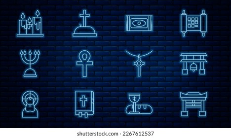 Set line Japan Gate, Traditional carpet, Cross ankh, Hanukkah menorah, Burning candles, Christian cross chain and Tombstone with icon. Vector