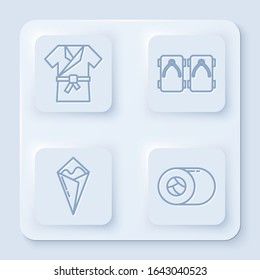 Set line Japanese costume Kimono, Geta traditional Japanese shoes, Temaki roll and Sushi. White square button. Vector