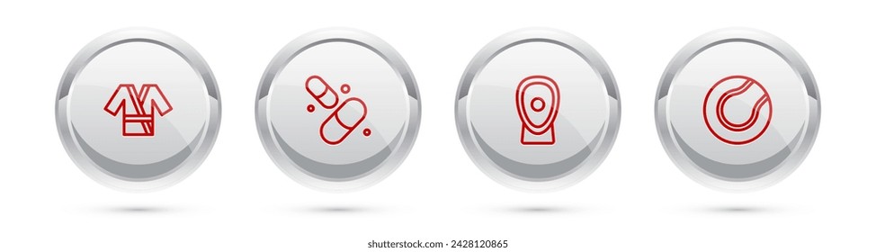 Set line Japanese costume Kimono, Vitamin pill, Boxing training paws and Tennis ball. Silver circle button. Vector