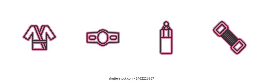 Set line Japanese costume Kimono, Punching bag, Boxing belt and Chest expander icon. Vector