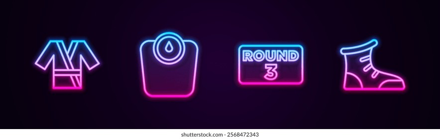 Set line Japanese costume Kimono, Bathroom scales, Boxing ring board and Sport boxing shoes. Glowing neon icon. Vector