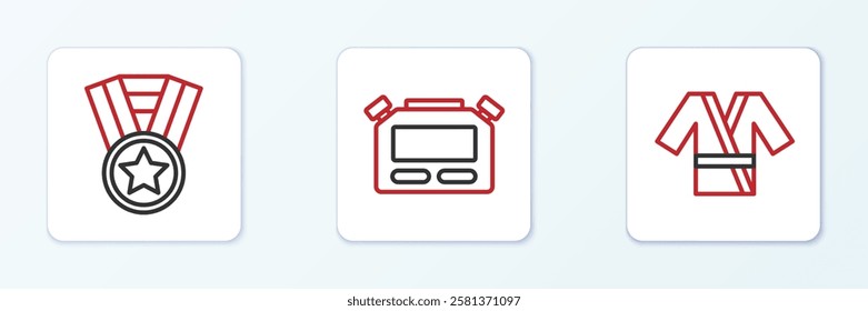 Set line Japanese costume Kimono, Medal and Stopwatch icon. Vector